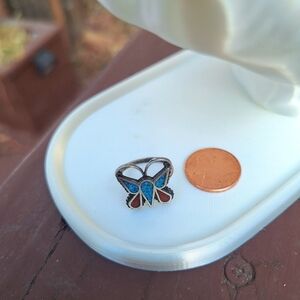 Navajo Vintage Butterfly Sterling Turquoise Coral Blue Ring